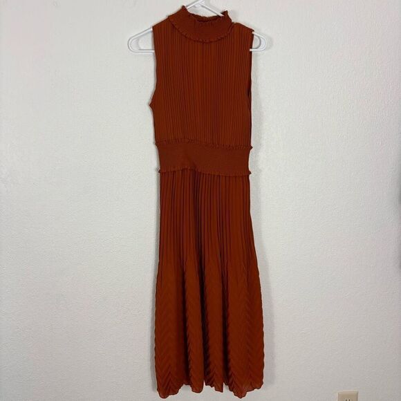 NWT Nanette Lepore Picante Dark Orange Pleated Mock Neck Sleeveless Midi Dress - Picture 1 of 9